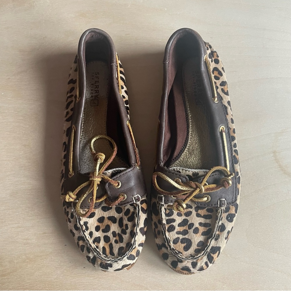 💚3/$15💚 7.5 Sperry Topsider Boat Shoes Leopard print brown gold